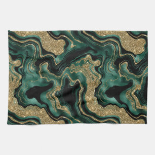 Elegant groen en gouden glinsterende agaatpatroon theedoek