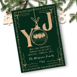 Elegant groen en gouden “JOY” Winterdorp Scene Feestdagenkaart