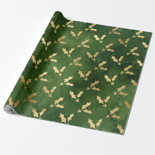 Elegant groen- en gouden kerstbloempatroon cadeaupapier (Uitgerold)