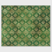 Elegant groen en gouden kerstdamaspatroon cadeaupapier (Vlak)