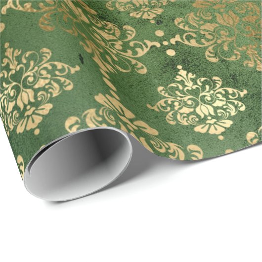 Elegant groen en gouden kerstdamaspatroon cadeaupapier (Rol Hoek)