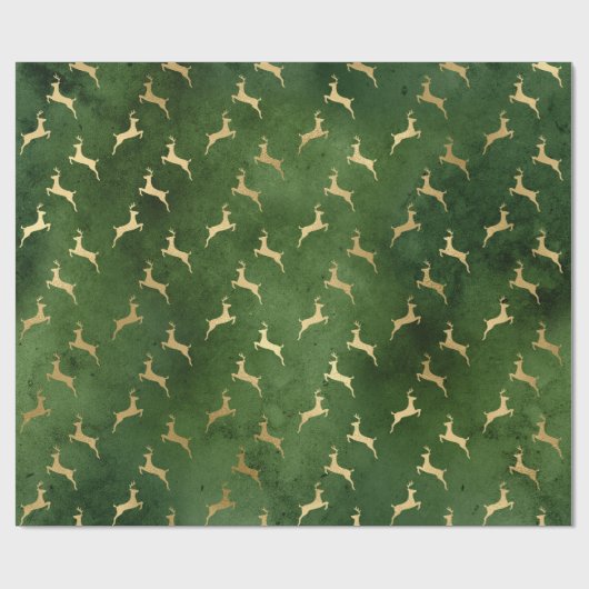 Elegant groen- en gouden kerstrendierpatroon cadeaupapier (Vlak)