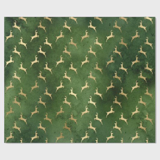 Elegant groen- en gouden kerstrendierpatroon cadeaupapier (Vlak)