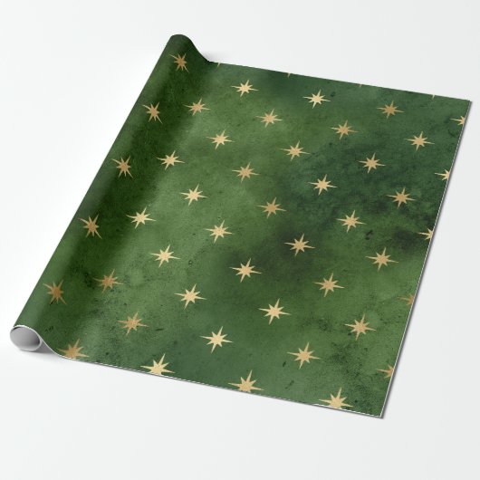 Elegant groen en gouden kerststerpatroon cadeaupapier (Uitgerold)