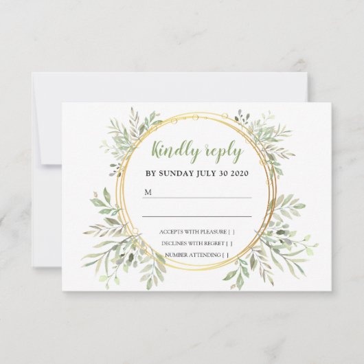 Elegant groen en gouden Lijst bruiloft RSVP (Voorkant)
