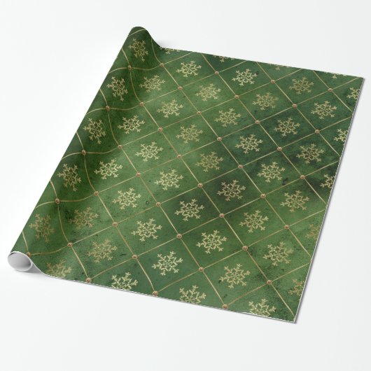 Elegant groen en gouden sneeuwvlokken voor kerstmi cadeaupapier (Uitgerold)