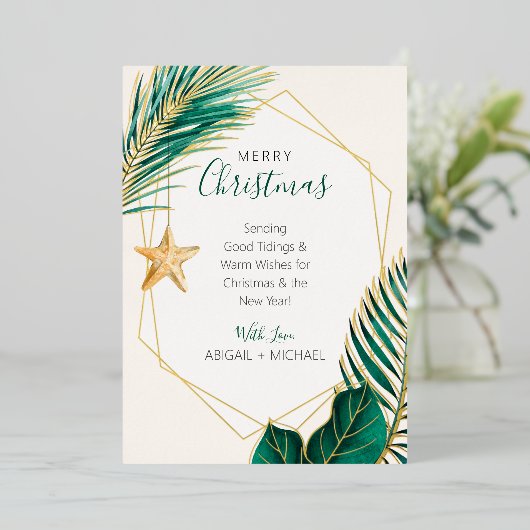 Elegant groen en gouden strand tropisch kerstfeest folie feestdagenkaart (Staand Voorkant)