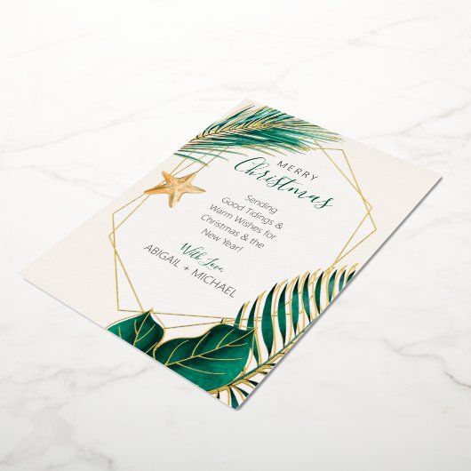 Elegant groen en gouden strand tropisch kerstfeest folie feestdagenkaart (Gedraaid)