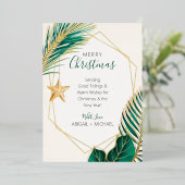Elegant groen en gouden strand tropisch Kerstmis Folie Feestdagenkaart (Staand Voorkant)