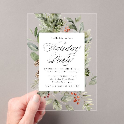 Elegant groen en Holly Berries Vakantie Party Acryl Uitnodigingen (Insitu (Draagbaar))