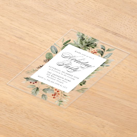 Elegant groen en Holly Berries Vakantie Party Acryl Uitnodigingen (Laagn)