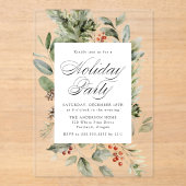 Elegant groen en Holly Berries Vakantie Party Acryl Uitnodigingen (Voorkant)