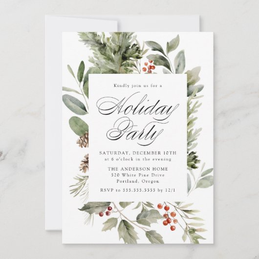 Elegant groen en Holly Berries Vakantie Party Kaart (Voorkant)