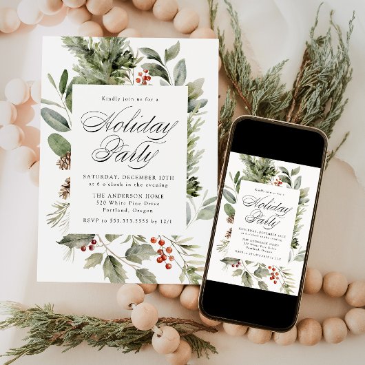 Elegant groen en Holly Berries Vakantie Party Kaart