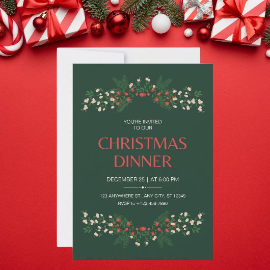 Elegant groen en rood bloemenkerstdiner kaart