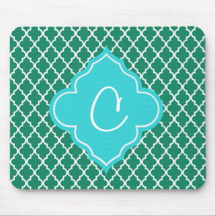 Elegant groen en turquoise vierlobbig monogram muismat