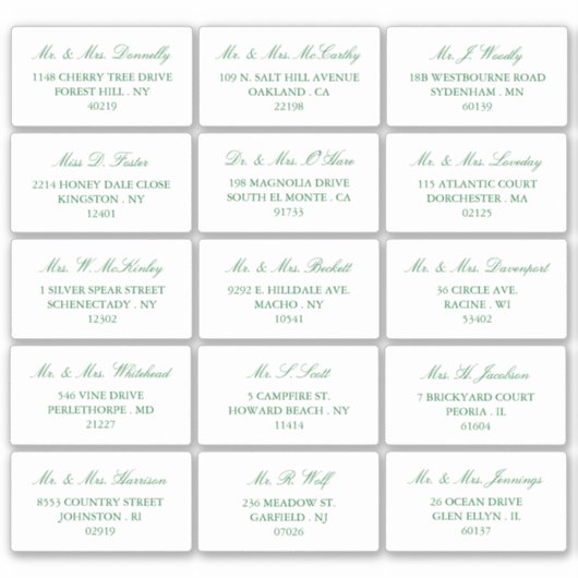 Elegant groen en wit bruiloft individueel adres sticker (Voorkant)