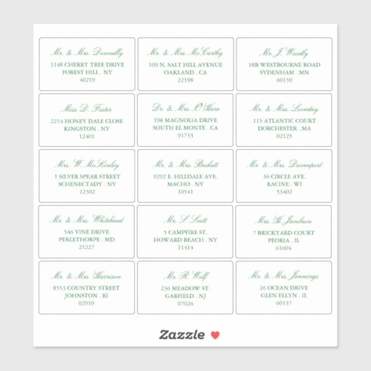 Elegant groen en wit bruiloft individueel adres sticker (Vel)