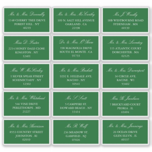 Elegant groen en wit bruiloft individueel adres sticker (Voorkant)