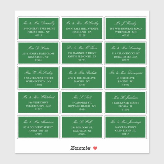Elegant groen en wit bruiloft individueel adres sticker (Vel)