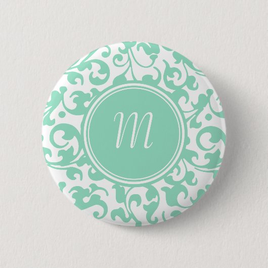 Elegant groen en wit damast scrollmonogram ronde button 5,7 cm (Voorkant)