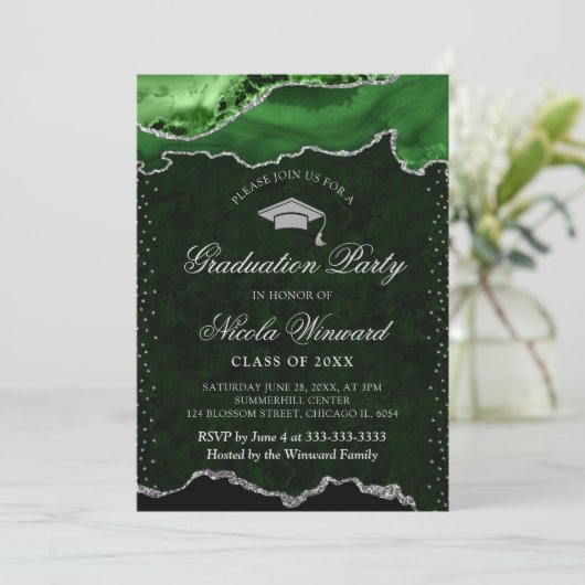 Elegant groen en zilveren marmeren agaat Afstudere Kaart (Staand voorkant)