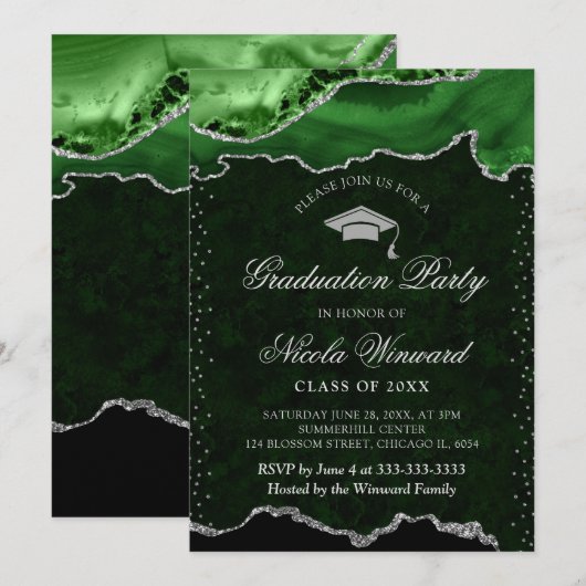 Elegant groen en zilveren marmeren agaat Afstudere Kaart (Voorkant / Achterkant)