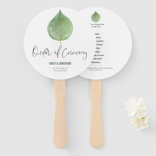 Elegant groen Eucalyptus blad bruiloft programma Handwaaier (Voorkant en achterkant)