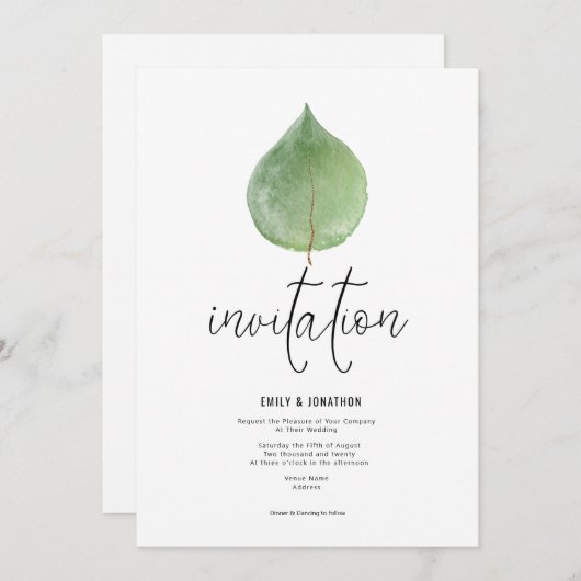 Elegant Groen Eucalyptus Blad Script Bruiloft Kaart (Voorkant / Achterkant)
