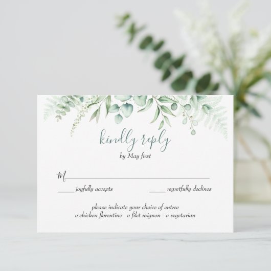 Elegant groen Eucalyptus bladeren bruiloft maaltij RSVP Kaartje (Staand voorkant)