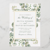 Elegant groen Eucalyptus Botanical Wedding Gold Folie Uitnodiging (Voorkant)