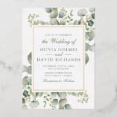 Elegant groen Eucalyptus Botanical Wedding Gold Folie Uitnodiging (Voorkant)