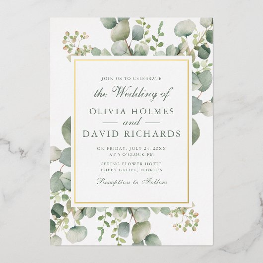 Elegant groen Eucalyptus Botanical Wedding Gold Folie Uitnodiging (Voorkant)