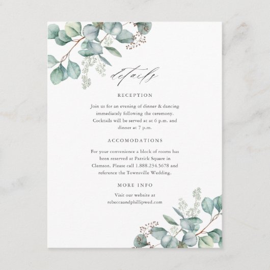 Elegant groen eucalyptus bruiloft details informatiekaartje (Voorkant)
