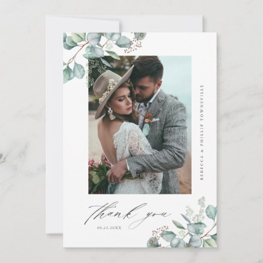 Elegant groen eucalyptus bruiloft foto bedankkaart (Voorkant)