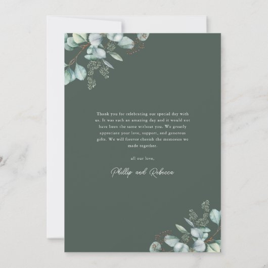 Elegant groen eucalyptus bruiloft foto bedankkaart (Achterkant)