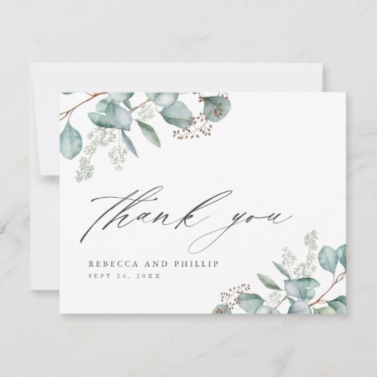 Elegant groen eucalyptus bruiloft foto bedankkaart (Voorkant)