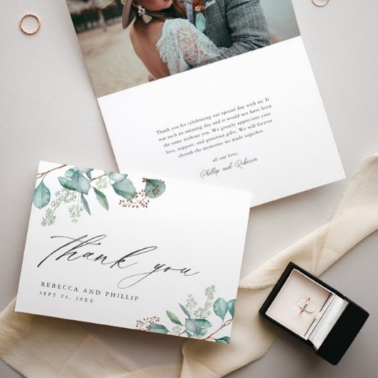 Elegant groen eucalyptus bruiloft foto bedankkaart