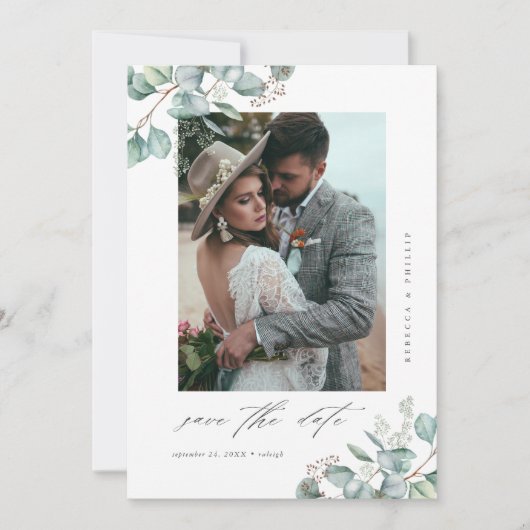 Elegant groen eucalyptus bruiloft foto QR code Save The Date (Voorkant)
