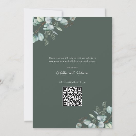 Elegant groen eucalyptus bruiloft foto QR code Save The Date (Achterkant)