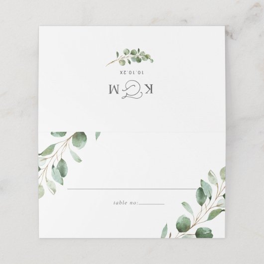 Elegant groen eucalyptus bruiloft gevouwen plaatskaartje (Buitenkant ongevouwen)