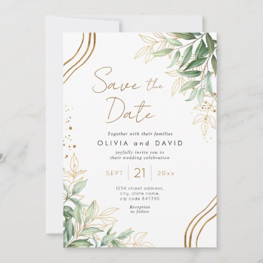 Elegant groen Eucalyptus Bruiloft Save the Date Kaart (Voorkant)