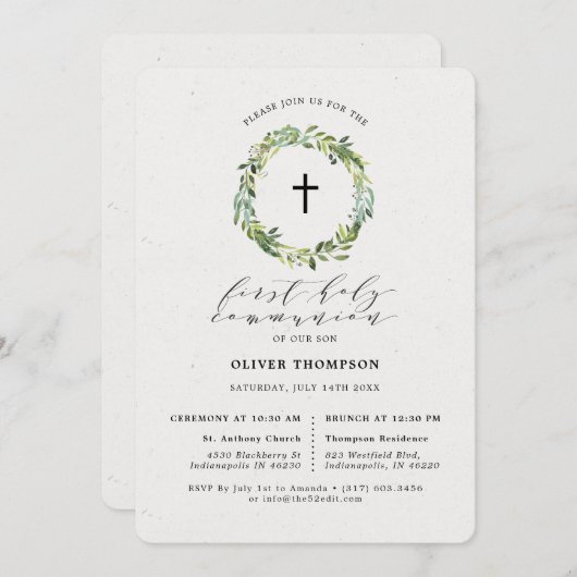 Elegant groen Eucalyptus Eerste Communie Kaart (Voorkant / Achterkant)