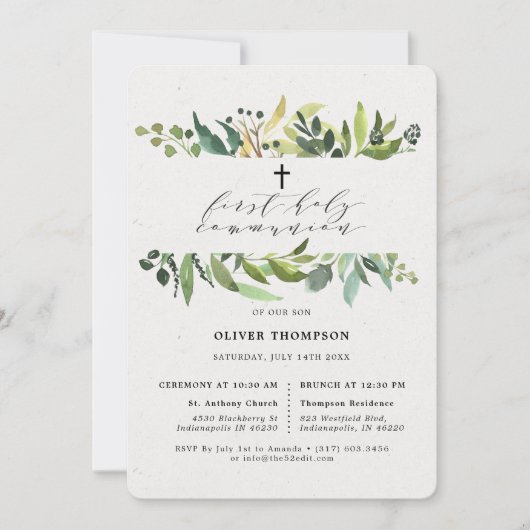 Elegant groen Eucalyptus Eerste Communie Kaart (Voorkant)