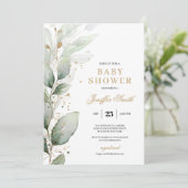 Elegant groen eucalyptus en goud baby shower kaart (Staand voorkant)