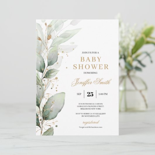 Elegant groen eucalyptus en goud baby shower kaart (Staand voorkant)