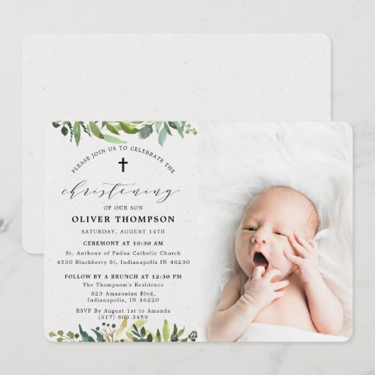 Elegant groen Eucalyptus foto doop Kaart (Voorkant / Achterkant)