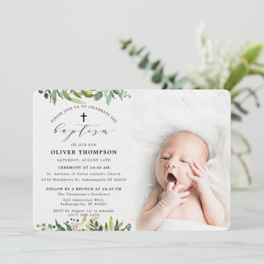 Elegant groen Eucalyptus gebladerte foto doopsel Kaart (Staand voorkant)