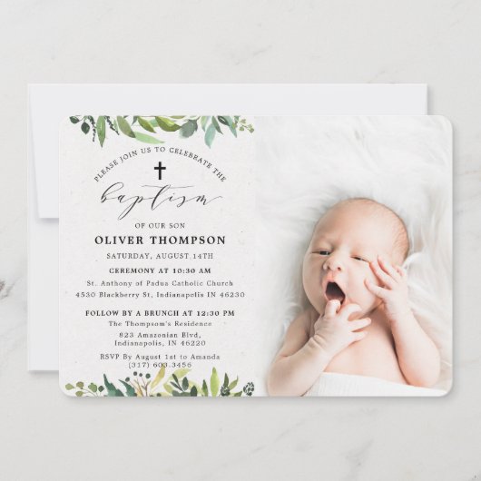 Elegant groen Eucalyptus gebladerte foto doopsel Kaart (Voorkant)