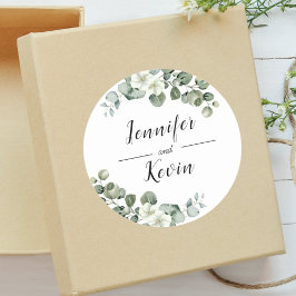 Elegant groen Eucalyptus gepersonaliseerde bruilof Ronde Sticker